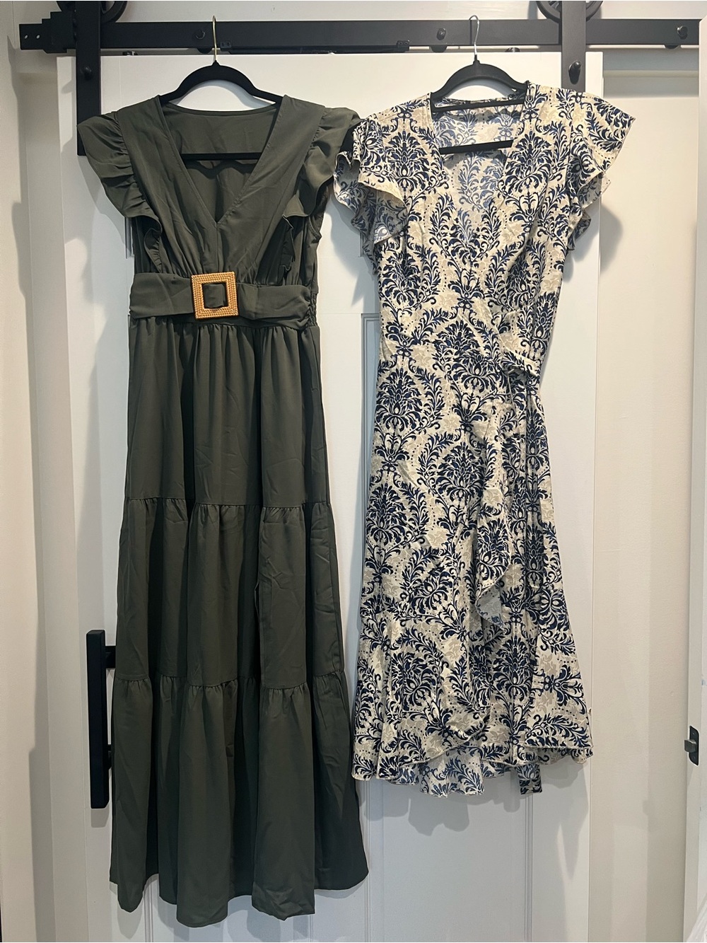 Olive Green Ruffle Sleeve Maxi Dress with Belt & Blue Damask Midi Wrap Dresses